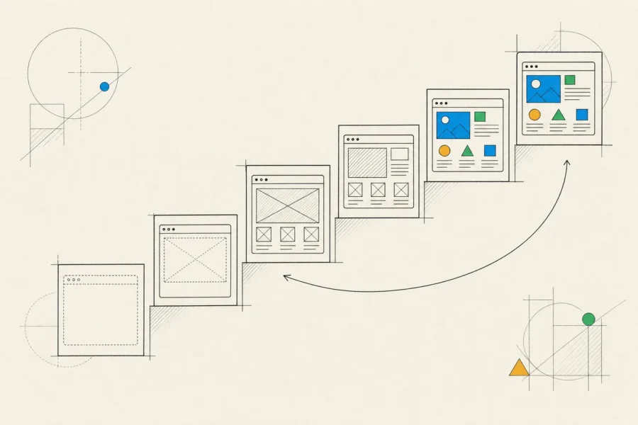 Six browser windows rising like stairs from a dotted outline to a finished layout, with an arrow looping back to iterate.