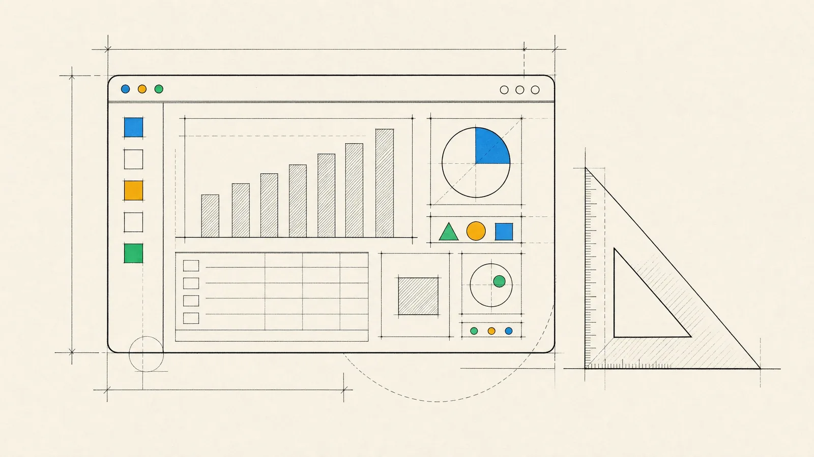 A browser window drafted with construction lines, showing a web app dashboard with a sidebar, bar chart and data table.