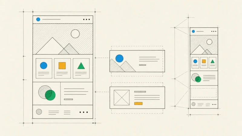 A website page assembled from reusable sections, with new blocks sliding into place beside a matching phone layout.