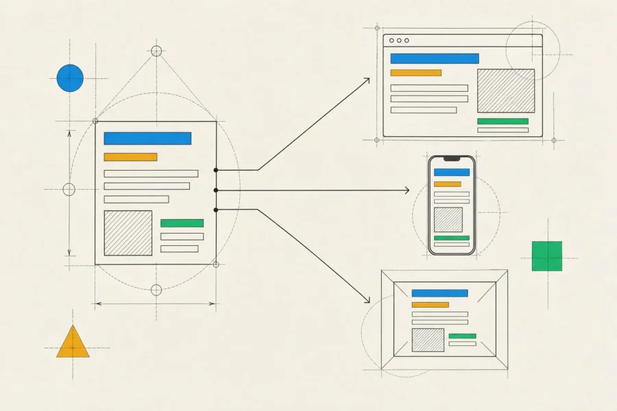 One structured content card with typed fields feeding the same content to a browser page, a phone and an email.