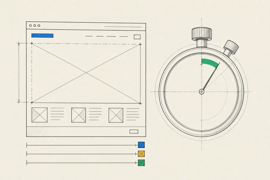 A web page with its hero image size reserved by dimension lines, beside a stopwatch and three measured speed bars.