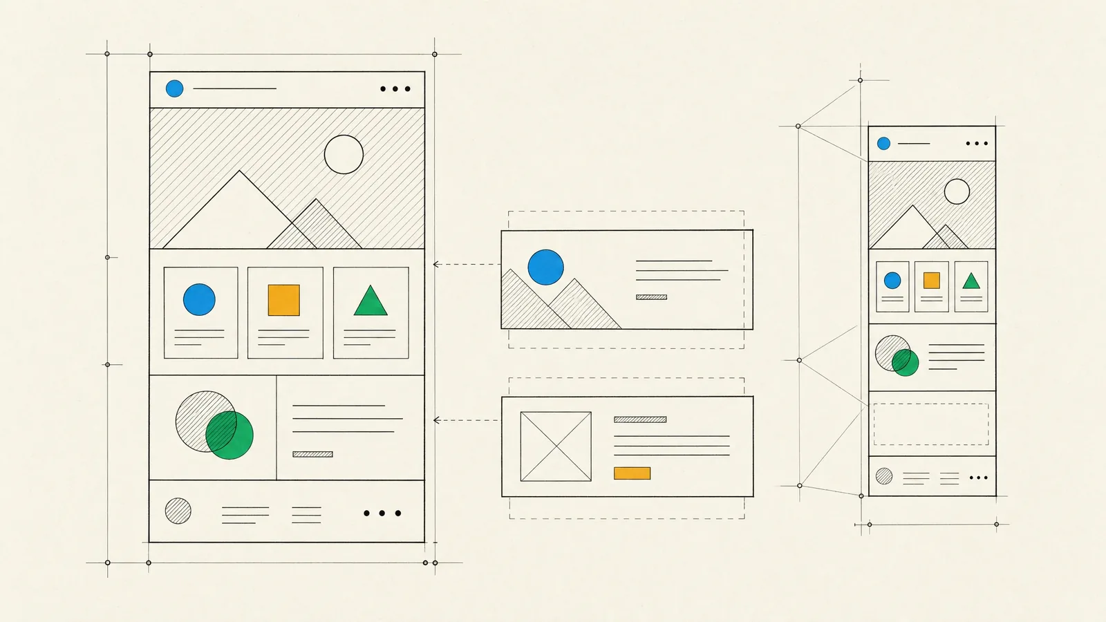 A website page assembled from reusable sections, with new blocks sliding into place beside a matching phone layout.